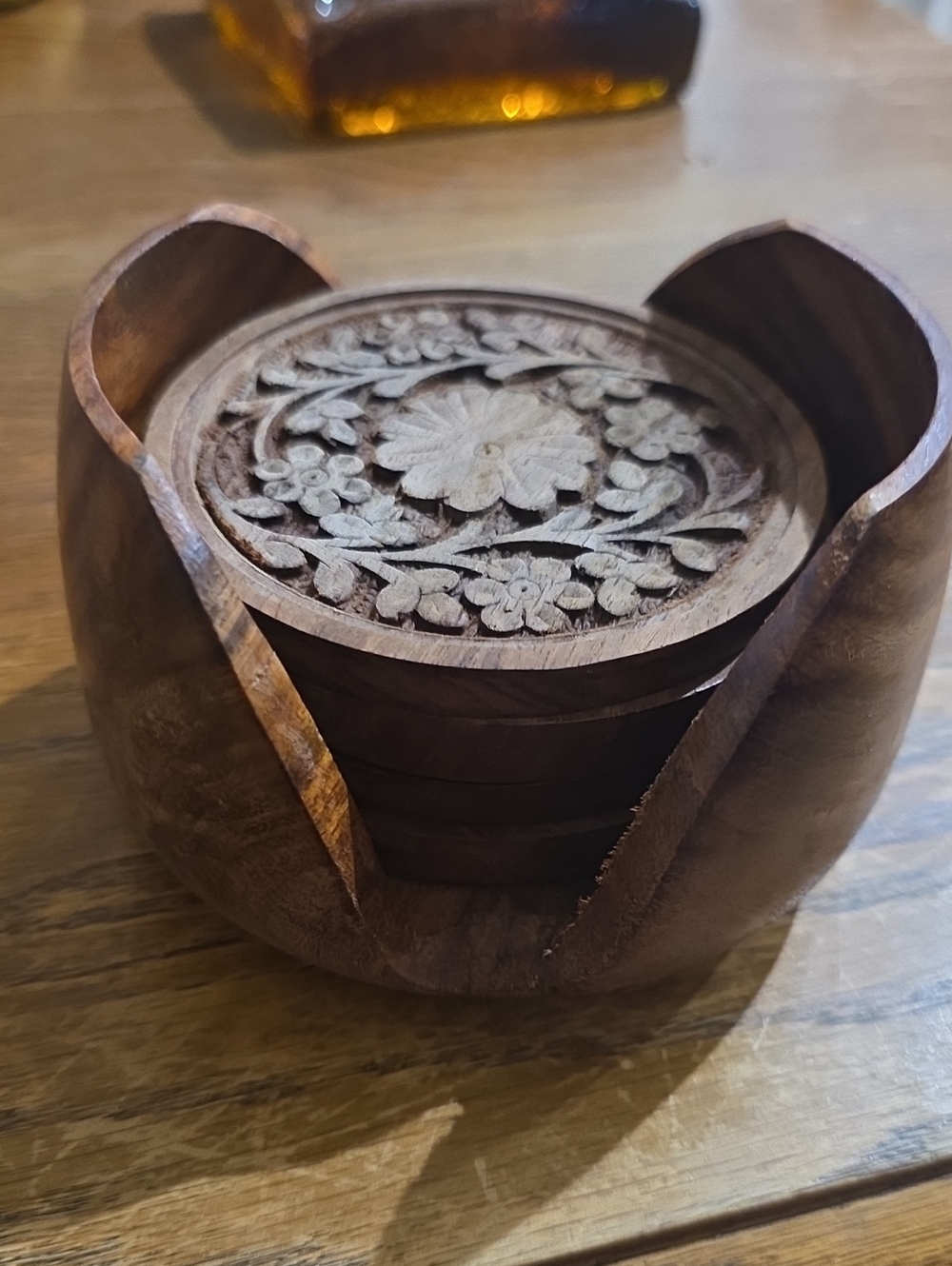 World Market Hand-Carved Wooden Floral Coaster Set - Brown 4 Coasters